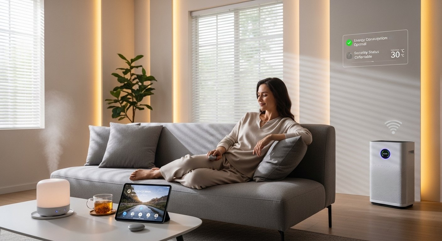 A calm individual relaxing in a perfectly optimized smart home environment, illustrating the hidden smart home benefits of reduced stress and enhanced peace of mind. Photorealistic.