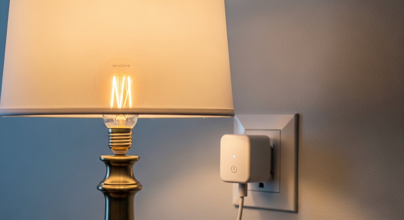 A close-up of a smart plug and smart light bulb, demonstrating easy first steps for a smart home for beginners.