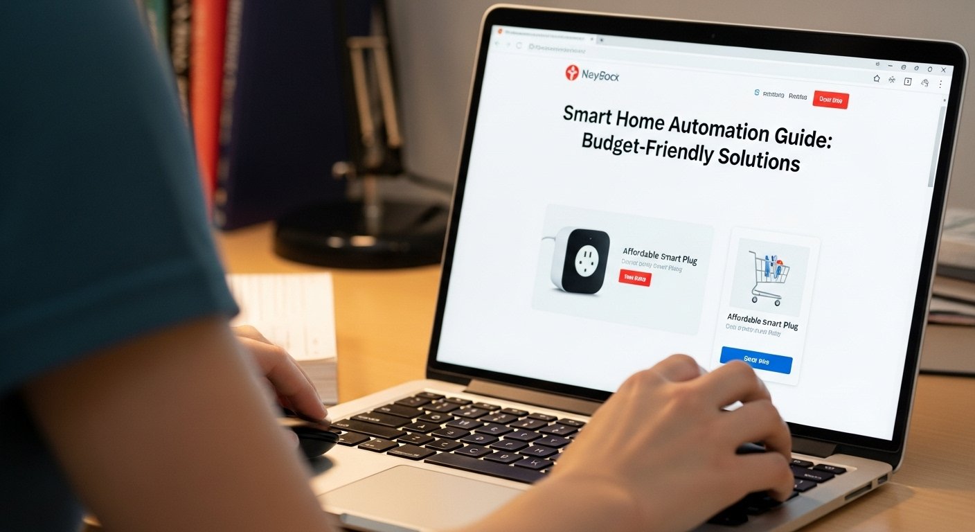 A close-up of a student's hand adding an affordable smart plug to a shopping cart on a laptop screen, emphasizing affordable smart home solutions in a smart home automation guide.