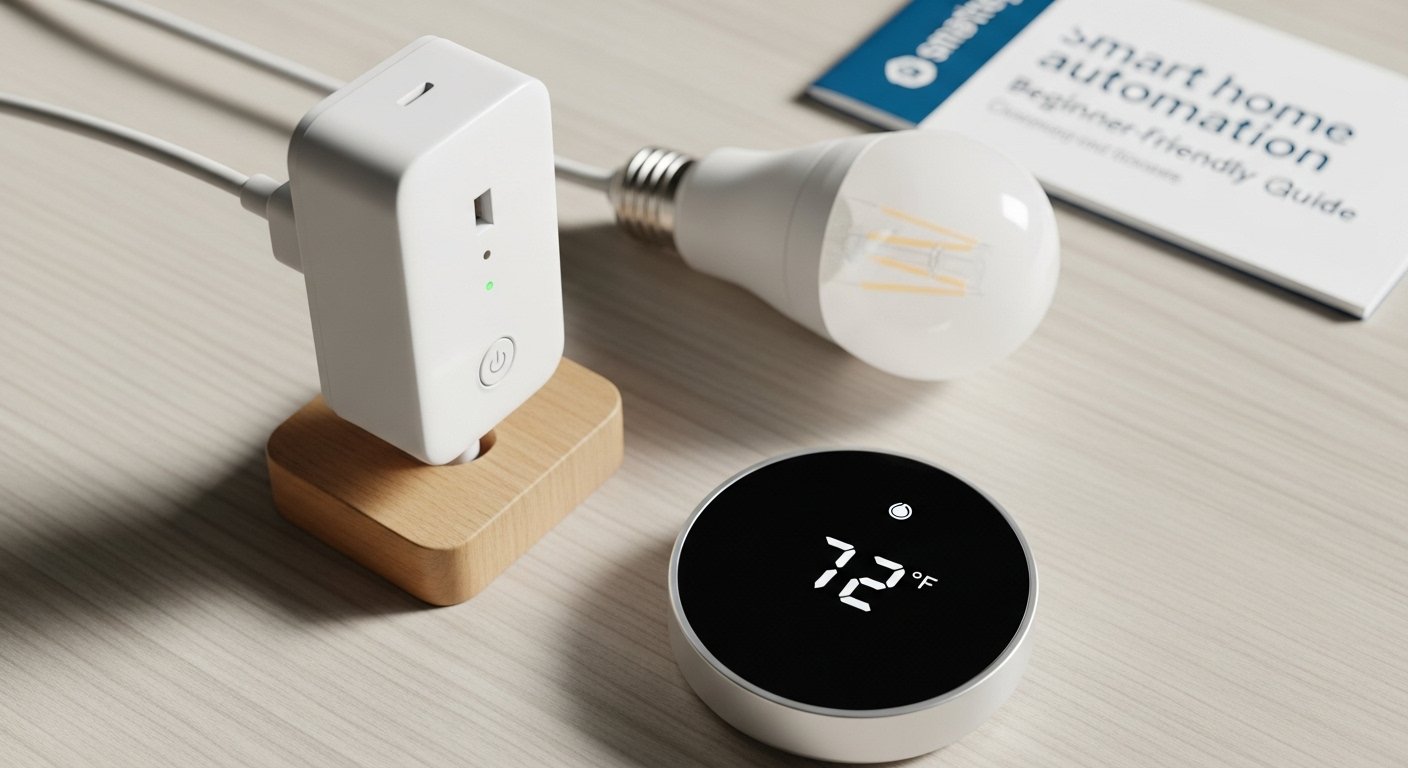 A close-up of various essential smart home devices for beginners, including a smart plug, a smart light bulb, and a smart thermostat, arranged neatly on a wooden table as part of a smart home automation guide.