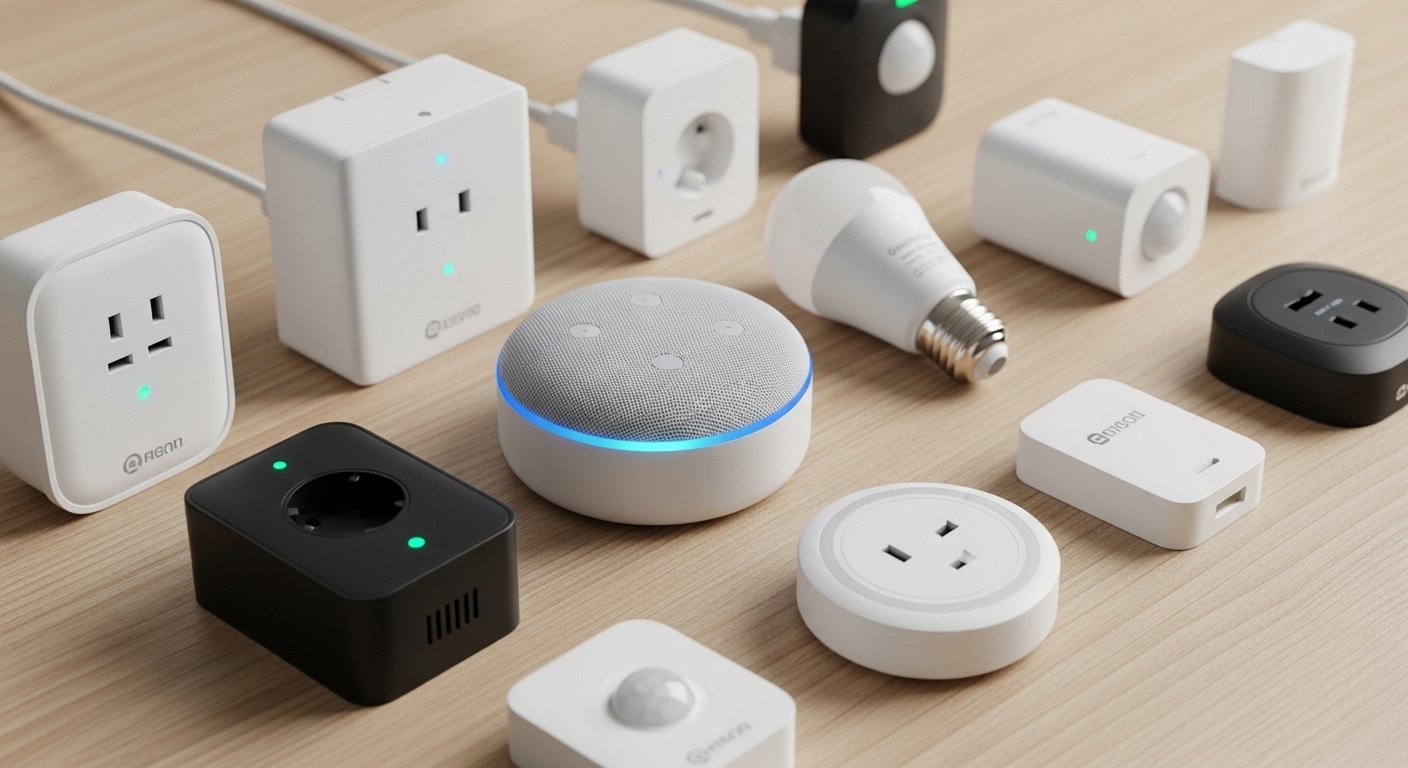 A collection of various best cheap smart home gadgets arranged aesthetically on a table, including smart plugs, a mini smart speaker, and a smart bulb, all contributing to a budget smart home.