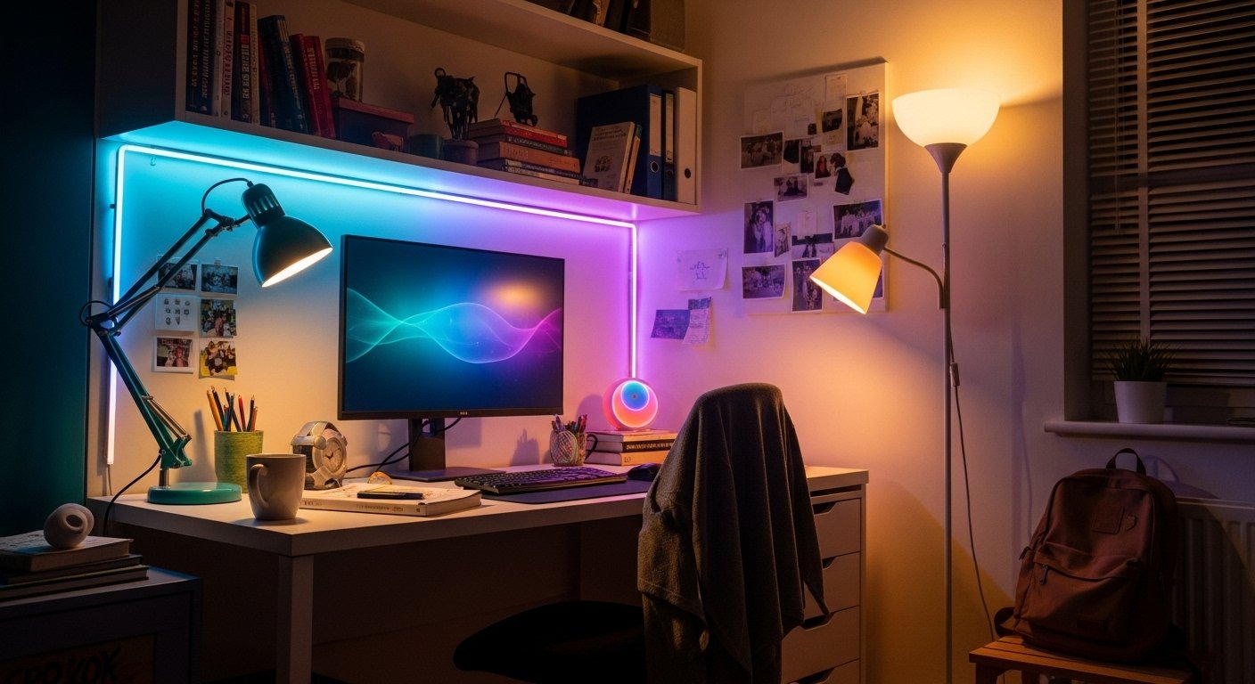 A colorful, budget smart lighting setup in a cozy student living space, showing smart bulbs and light strips illuminating the room. Focus on affordability and style for a budget smart home.