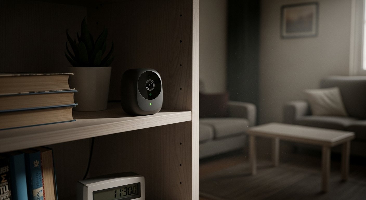 A compact, inexpensive smart security camera discreetly placed on a bookshelf, monitoring a room in a budget smart home. Emphasize security and affordability.