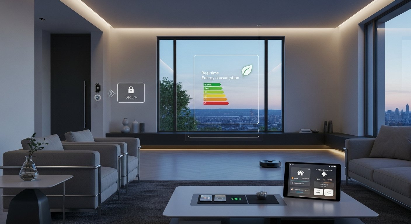 A futuristic living room showcasing various integrated smart home devices, highlighting hidden smart home benefits like energy efficiency and enhanced security. Photorealistic.
