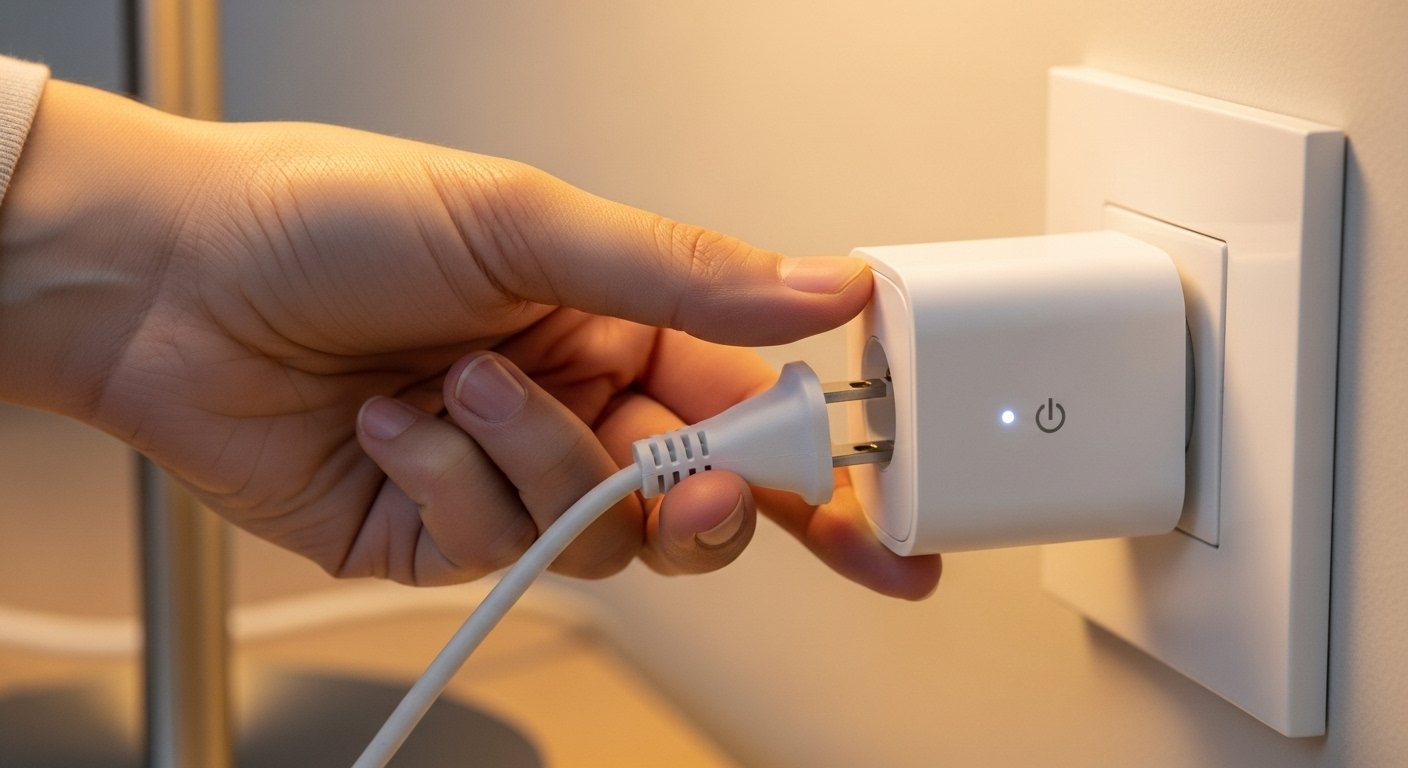 A hand plugging a lamp into an affordable smart plug, highlighting how easy it is to set up a budget smart home. The smart plug should be clearly visible.