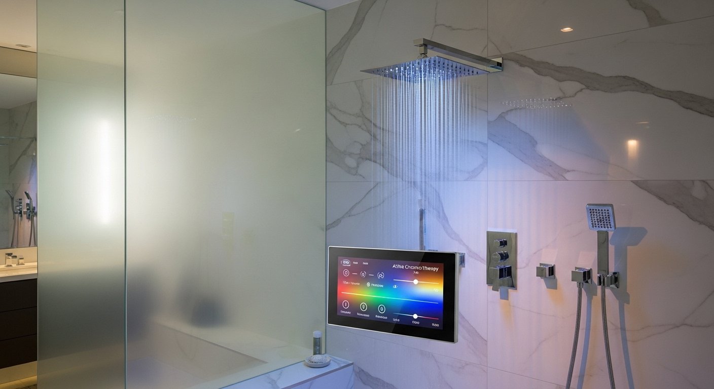 A luxurious smart shower system with a digital control panel, chromotherapy lighting, and a rainfall showerhead, highlighting the personalized experience of smart bathroom upgrades.
