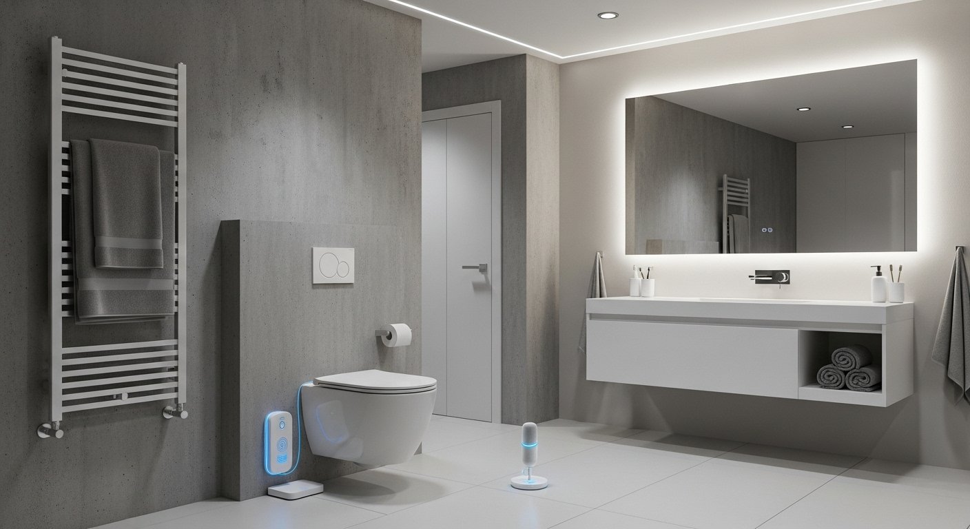 A modern bathroom showcasing smart comfort and safety features like a heated towel rack, a discreet smart leak detector, and subtle voice-activated lighting, illustrating comprehensive smart bathroom upgrades.