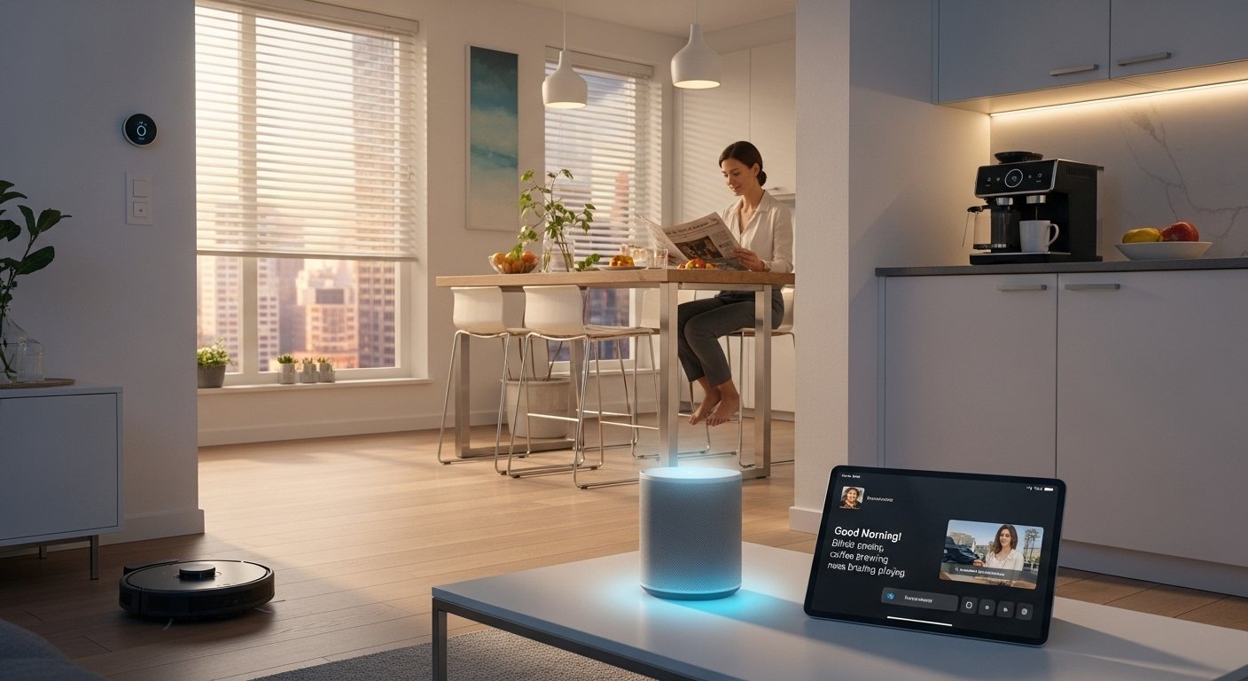 A modern, clean smart home interior with various integrated smart home devices working seamlessly, illustrating smart home automation time saving.