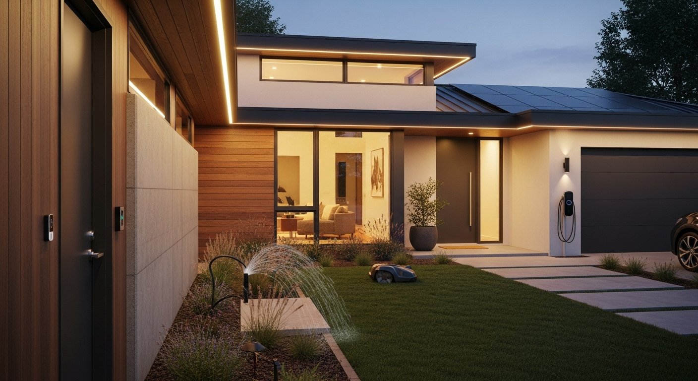 A modern home exterior with integrated smart features, showcasing its enhanced curb appeal and hidden smart home benefits for increased property value. Photorealistic.