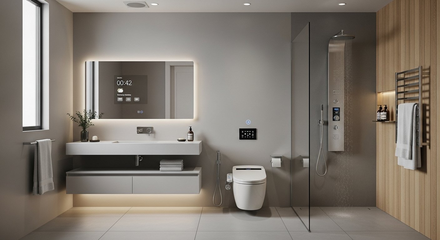 A modern, minimalist bathroom with various smart bathroom upgrades subtly integrated, featuring sleek designs and intelligent interfaces. The overall image should convey luxury and convenience.