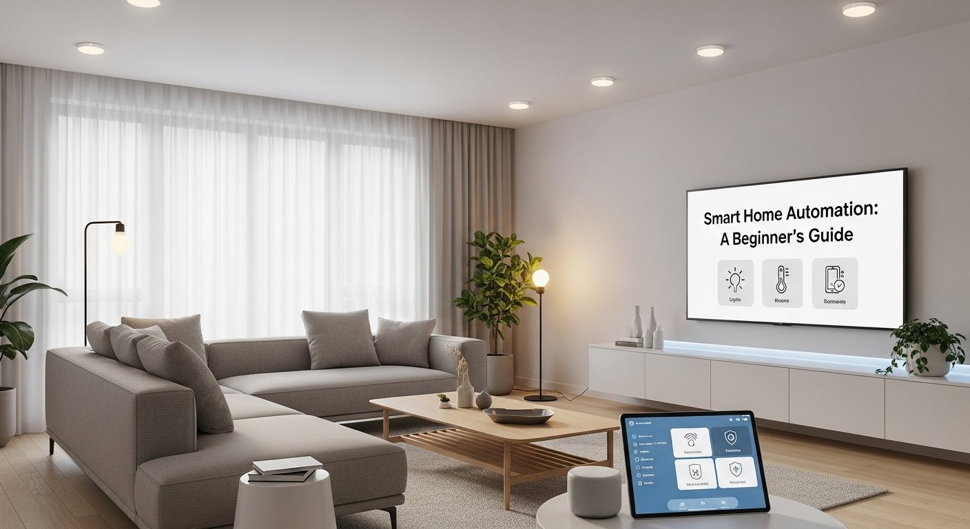 A modern, minimalist living room showcasing various smart home devices like smart lighting, a smart speaker, and a tablet displaying automation controls, all illustrating a smart home automation guide for beginners.