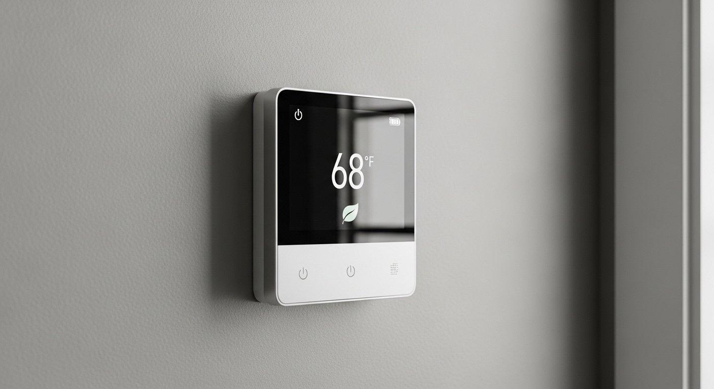 A modern, sleek, but affordable smart thermostat mounted on a wall in a minimalist, budget smart home setting, clearly showing temperature control for energy savings.