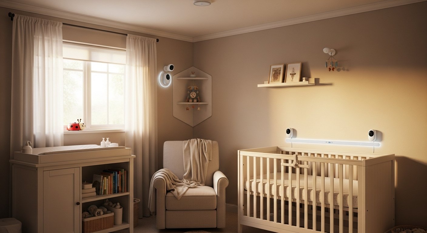 A nursery with discreet Smart Security Cameras and sensors, ensuring child safety through hidden smart home benefits and intelligent monitoring. Photorealistic.