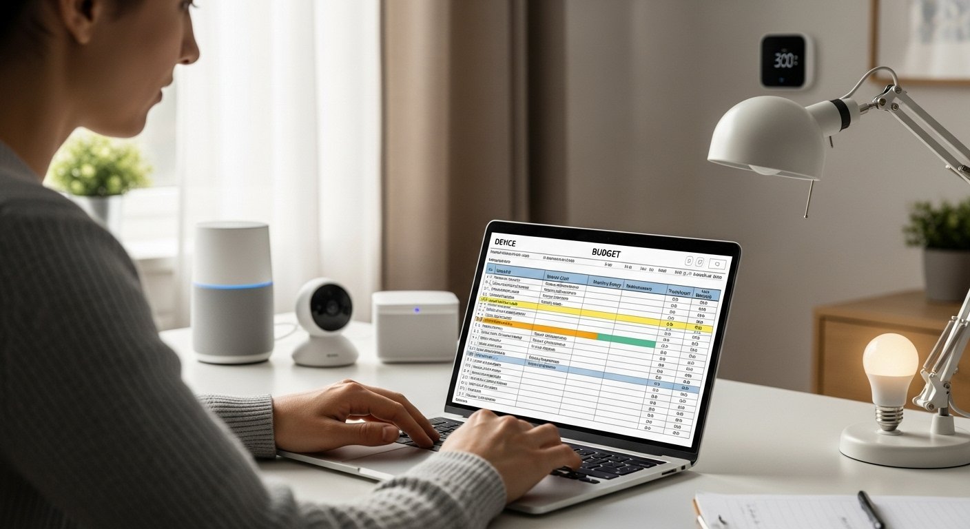 A person carefully calculating smart home expenses on a laptop, with a budget spreadsheet open and various smart devices in the background, illustrating the smart home budget planning aspect of a smart home planning guide. The image should be clean and focused.