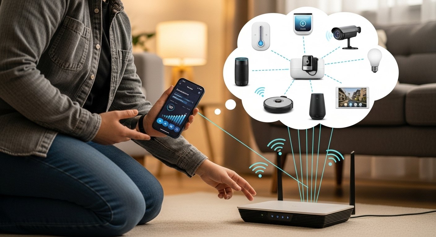 A person checking their Wi-Fi router and signal strength in a home, with a thought bubble showing various smart devices connected wirelessly. The image should convey the importance of network stability in smart home planning guide.