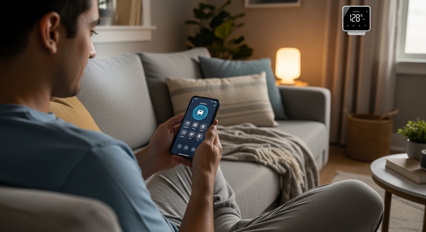 A person comfortably sitting on a couch, using a smartphone to control various smart home devices like smart lighting and a smart thermostat, illustrating the convenience and benefits of a smart home automation guide.