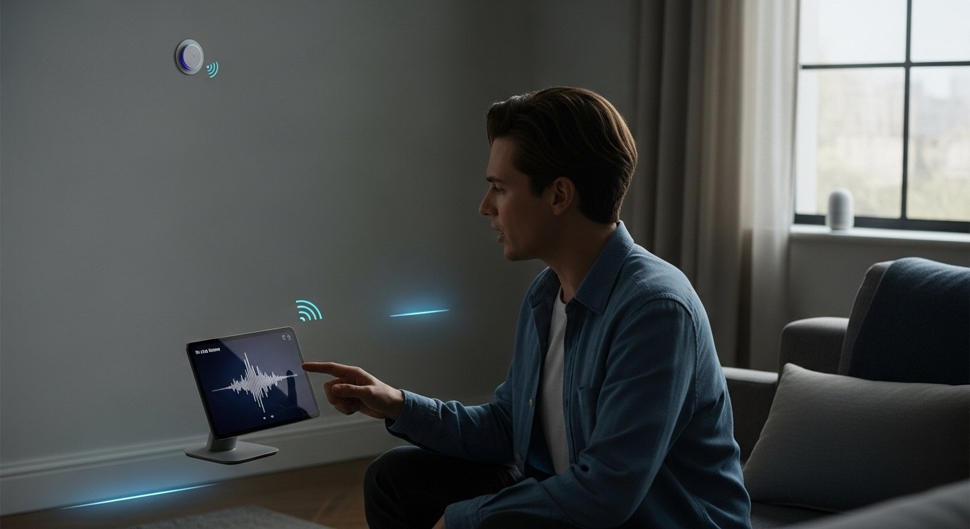 A person interacting with a Voice Assistant for a health query, with subtle sensors in the background indicating hidden smart home benefits for wellness monitoring. Photorealistic.