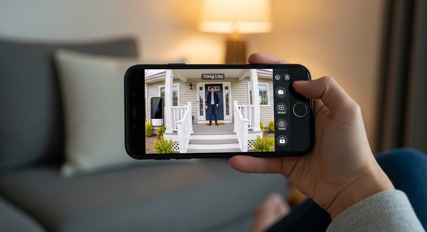 A person using a smartphone to view a smart video doorbell feed, demonstrating easy smart home for beginners security monitoring.