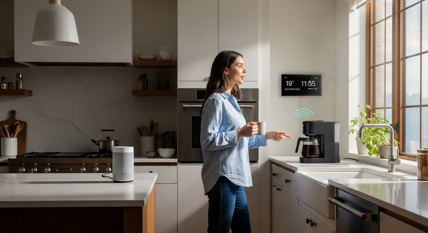 A person using a voice assistant to activate a 'Good Morning' routine in a modern smart home, showcasing smart home automation time saving.