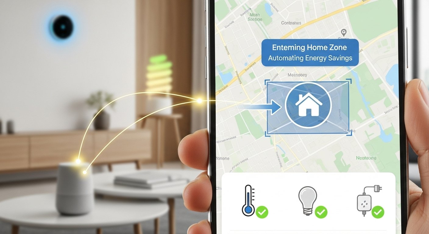A photorealistic image illustrating geofencing technology on a smartphone interacting with a smart home, suggesting automated energy adjustments and smart home energy savings.