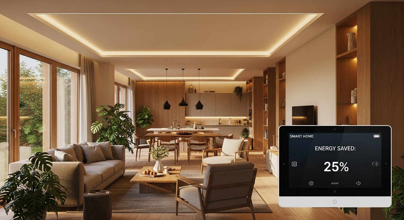 A photorealistic image of a beautifully lit smart home interior with smart lighting systems intelligently adjusting to natural light, highlighting smart home energy savings.