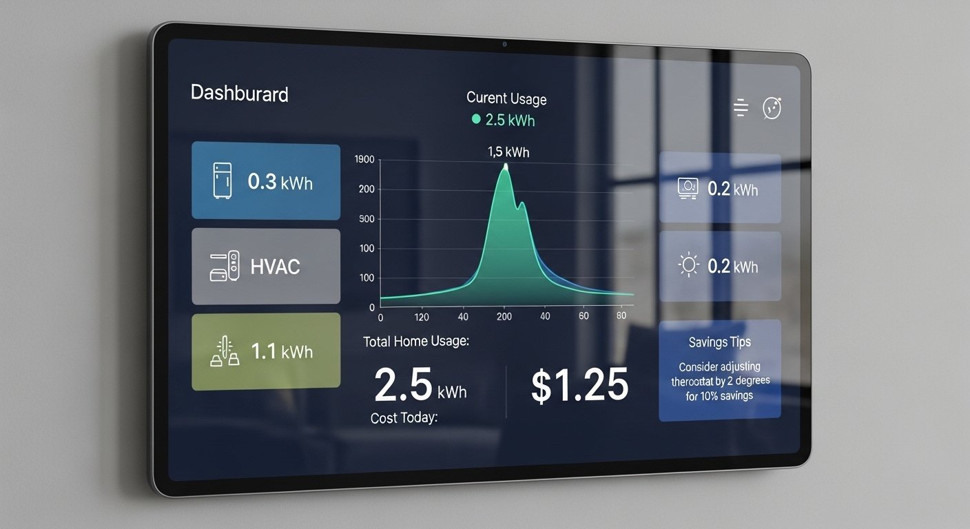 A photorealistic image of a home energy monitoring system display, showing real-time energy consumption data for a smart home, relevant to smart home energy savings.