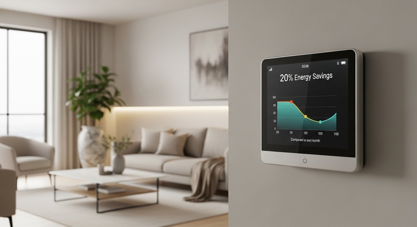 A photorealistic image of a sleek smart thermostat displaying energy savings data in a modern living room, emphasizing smart home energy savings.