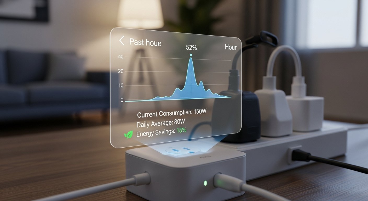 A photorealistic image showing smart plugs monitoring energy consumption of appliances, with a digital interface displaying energy usage, related to smart home energy savings.