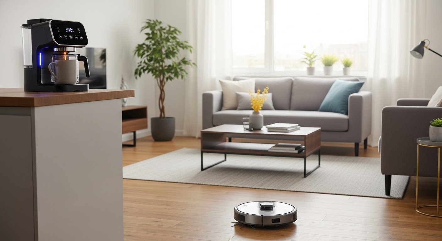 A robot vacuum cleaning a living room while a smart coffee maker brews coffee in the background, illustrating smart home automation time saving through automated chores.