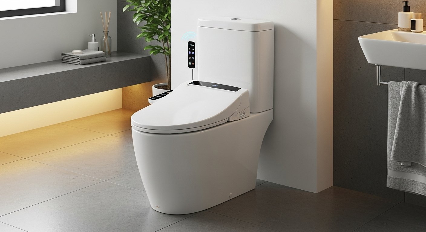 A sleek, modern smart toilet with bidet functions and a heated seat is one of the best smart bathroom upgrades for enhanced comfort and hygiene.