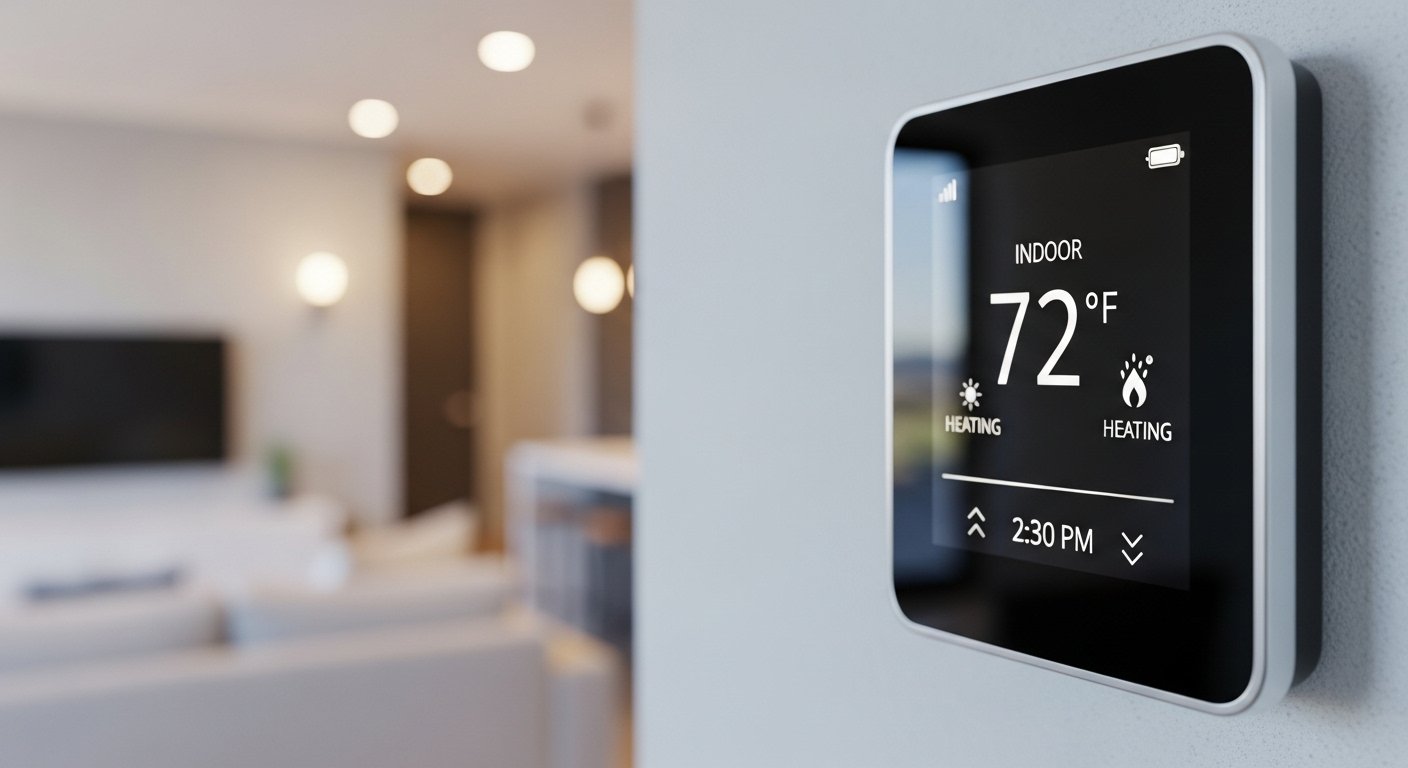 A sleek smart thermostat on a wall, displaying a comfortable indoor temperature, with a blurred background of a modern living room, representing a smart home for beginners.