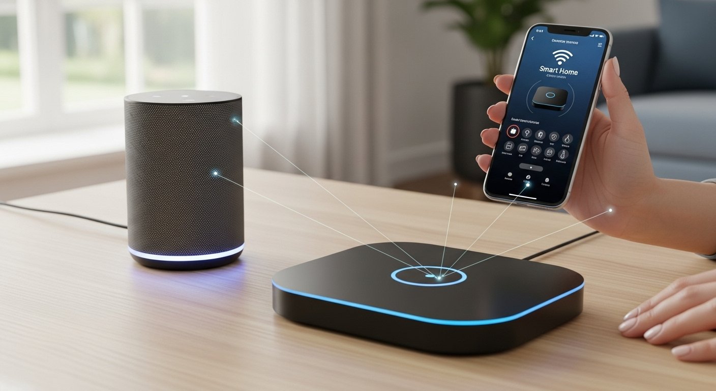 A smart home for beginners setup showing a central smart home hub, a smart speaker (like Amazon Echo or Google Nest), and a smartphone controlling them, highlighting seamless integration.