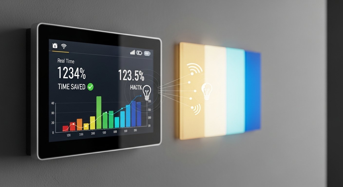 A smart thermostat displaying energy usage data, integrated with smart lighting, symbolizing smart home automation time saving through efficiency.