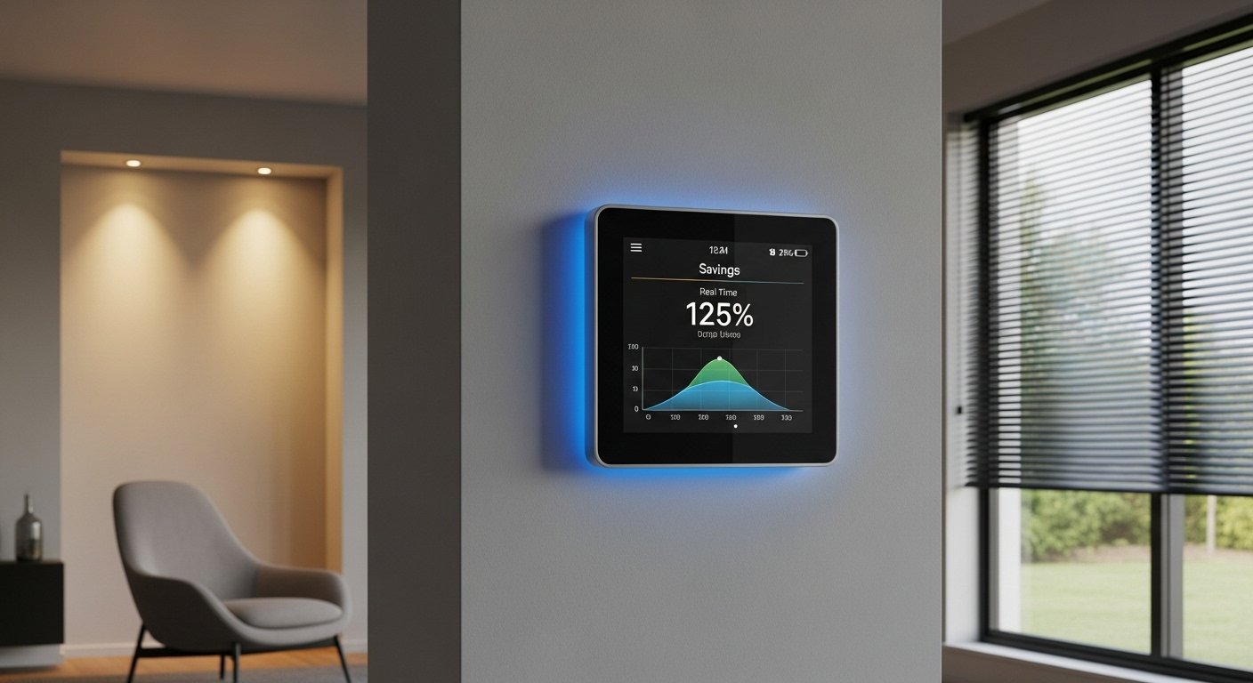 A Smart Thermostat displaying energy usage data, with Smart Lighting Systems and Automated Blinds in the background, illustrating hidden smart home benefits for sustainability. Photorealistic.