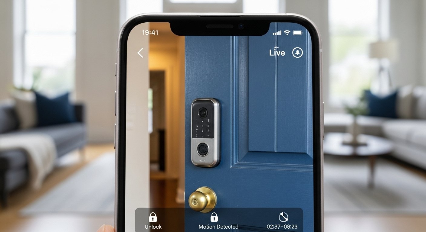 A smartphone screen displaying a live feed from a smart security camera, with a smart lock visible on a door in the background, depicting smart home automation time saving and security.