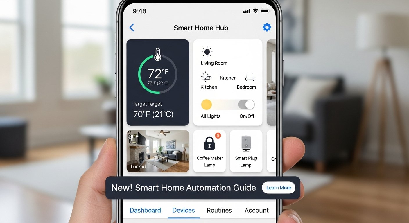 A smartphone screen displaying a smart home app with multiple integrated devices and automation routines, symbolizing how to integrate smart home devices and a smart home automation guide.