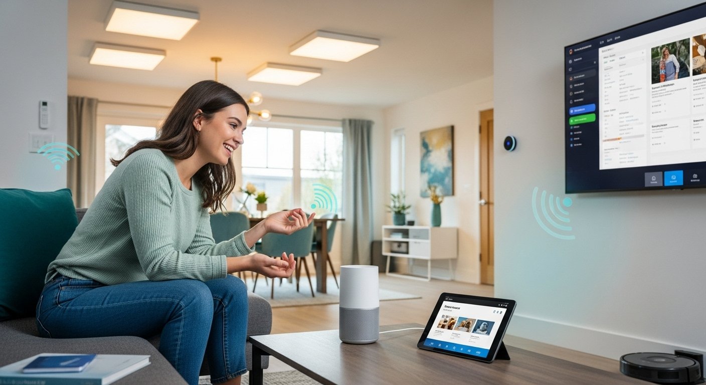 A student happily interacting with a voice assistant in a smart home setting, surrounded by various smart devices seamlessly integrated into the environment, emphasizing a successful smart home planning guide implementation.
