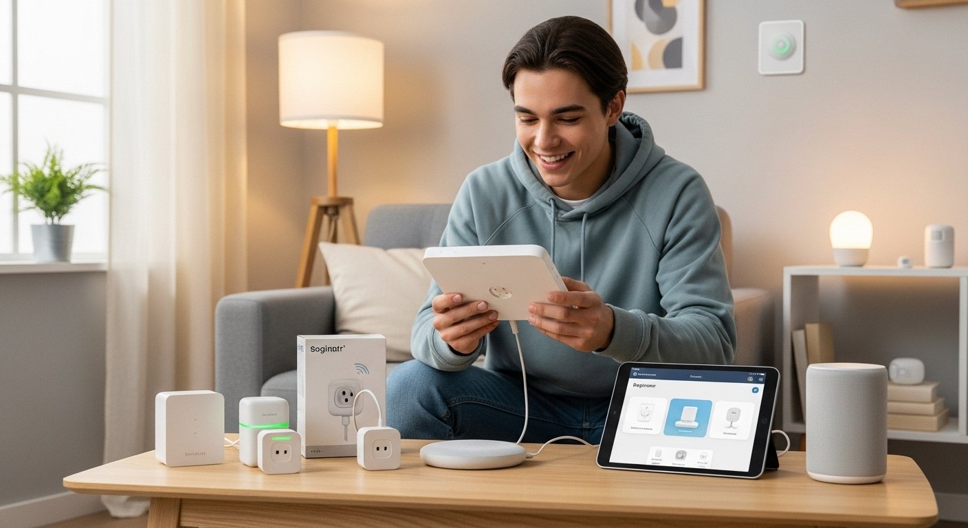 A student happily setting up their first smart home device, surrounded by simple smart home for beginners gadgets like smart plugs and a smart speaker.