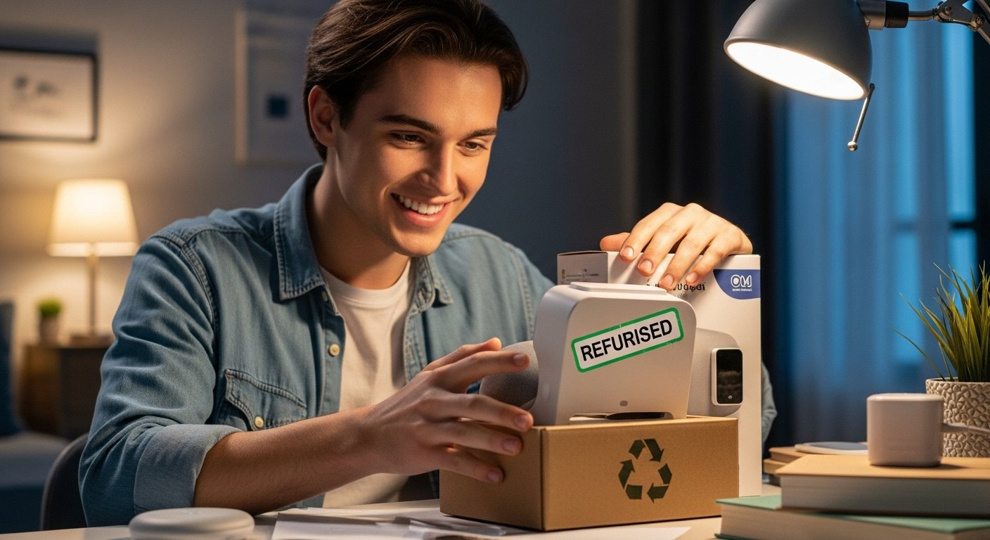 A student happily unboxing a refurbished smart device, like a smart speaker or thermostat, showing a cost-effective way to build a budget smart home.