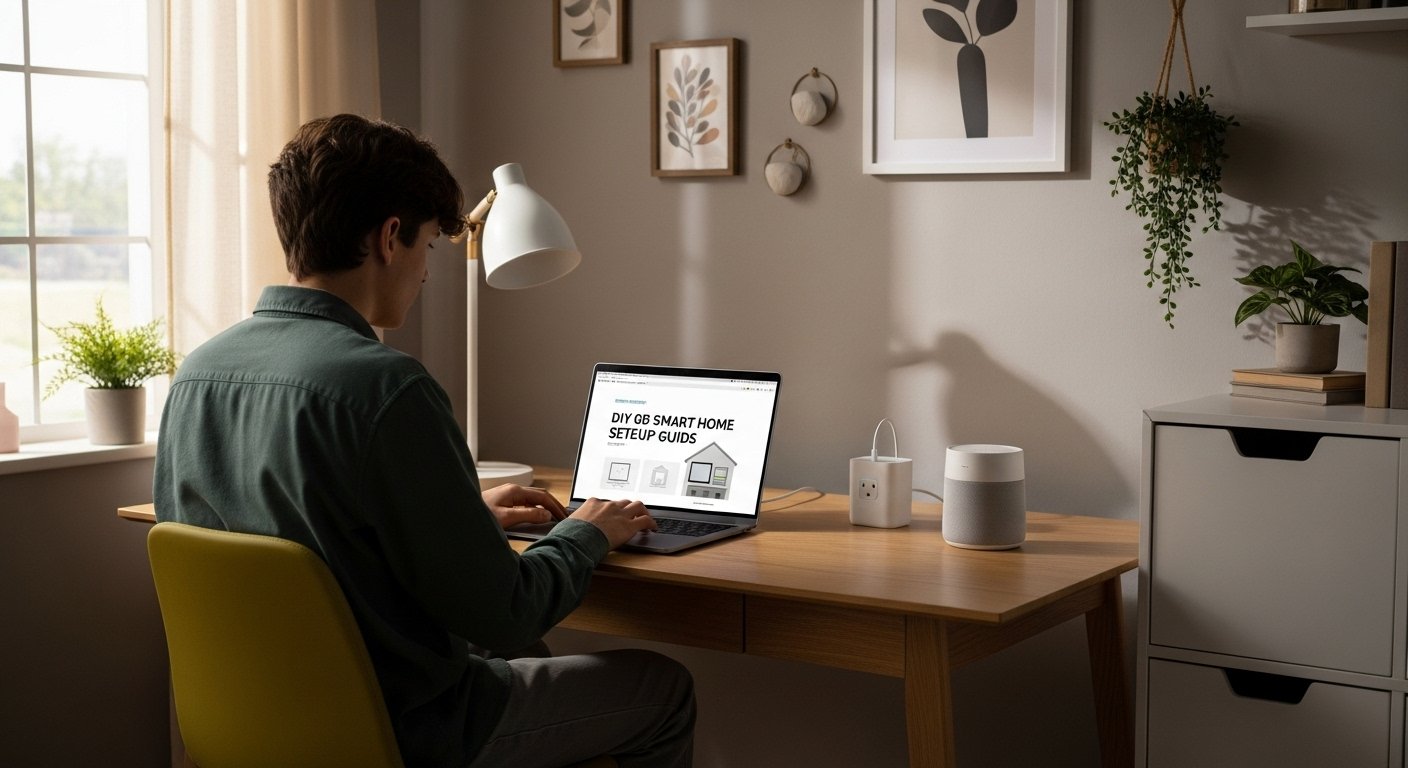 A student in a modern, organized room interacting with budget smart home devices, perhaps a smart plug or a smart speaker, with a laptop open for a DIY smart home setup. The setting should feel welcoming and practical.
