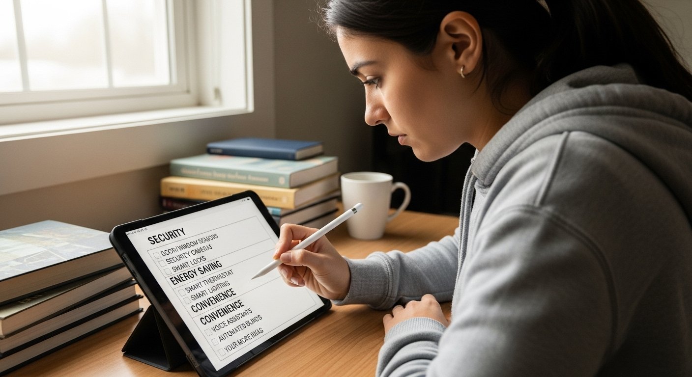 A student making a checklist on a tablet, considering different smart home automation ideas like security, energy saving, and convenience, as part of a smart home automation guide for beginners.