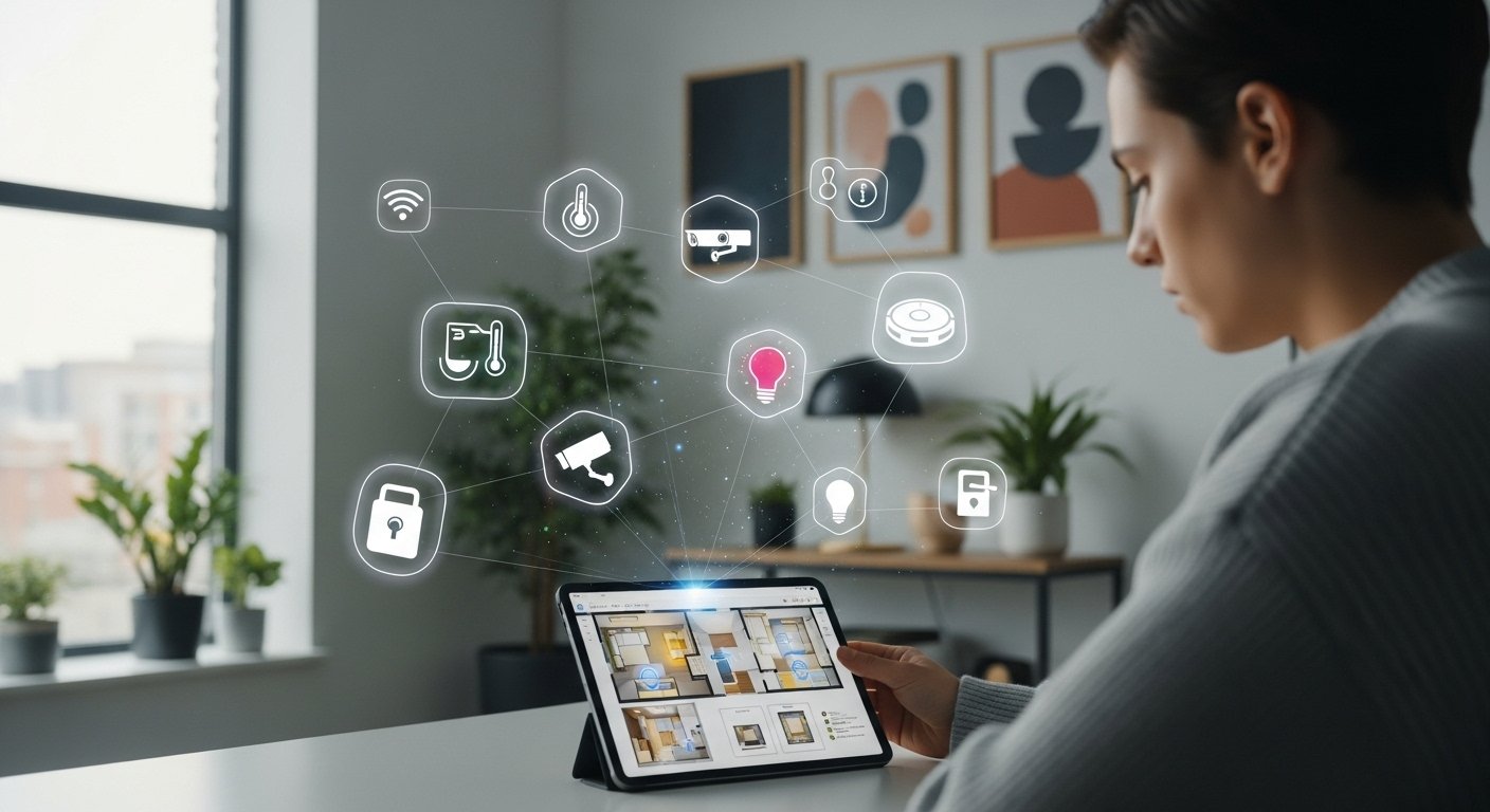 A student meticulously reviewing a smart home planning guide on a tablet, with various smart home device icons floating around them, symbolizing planning and integration. The scene is bright and modern.