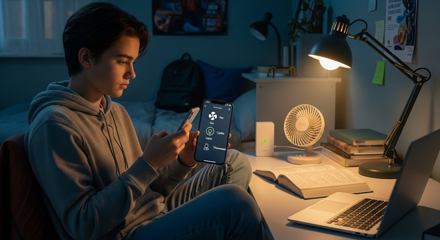A student using a smartphone app to control a simple, budget smart home setup, like turning on a fan plugged into a smart plug or adjusting smart lighting. Focus on the ease of DIY smart home projects.