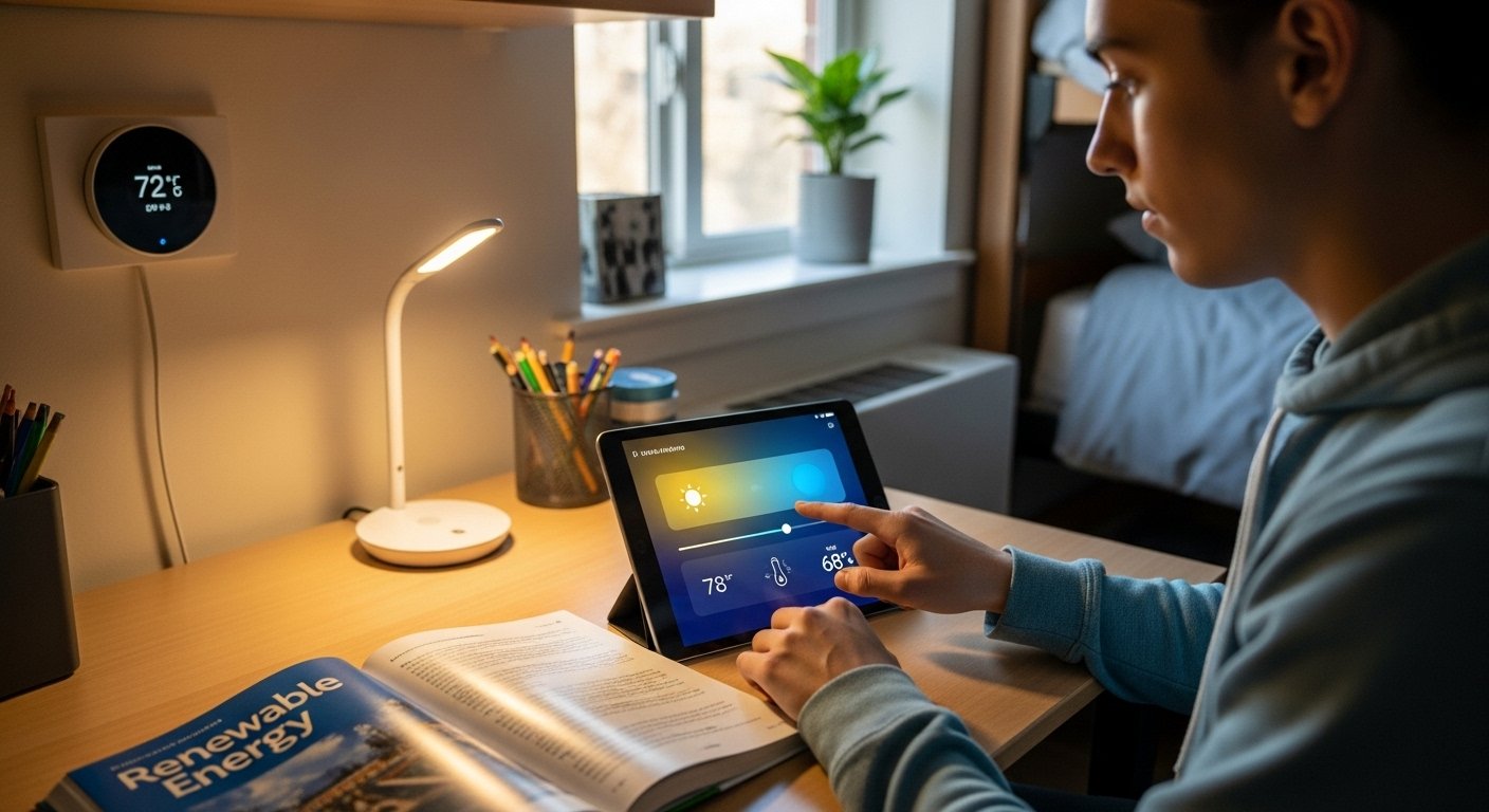 A student using a tablet to control smart lighting and a smart thermostat, illustrating the convenience and energy savings of smart home for beginners technology.