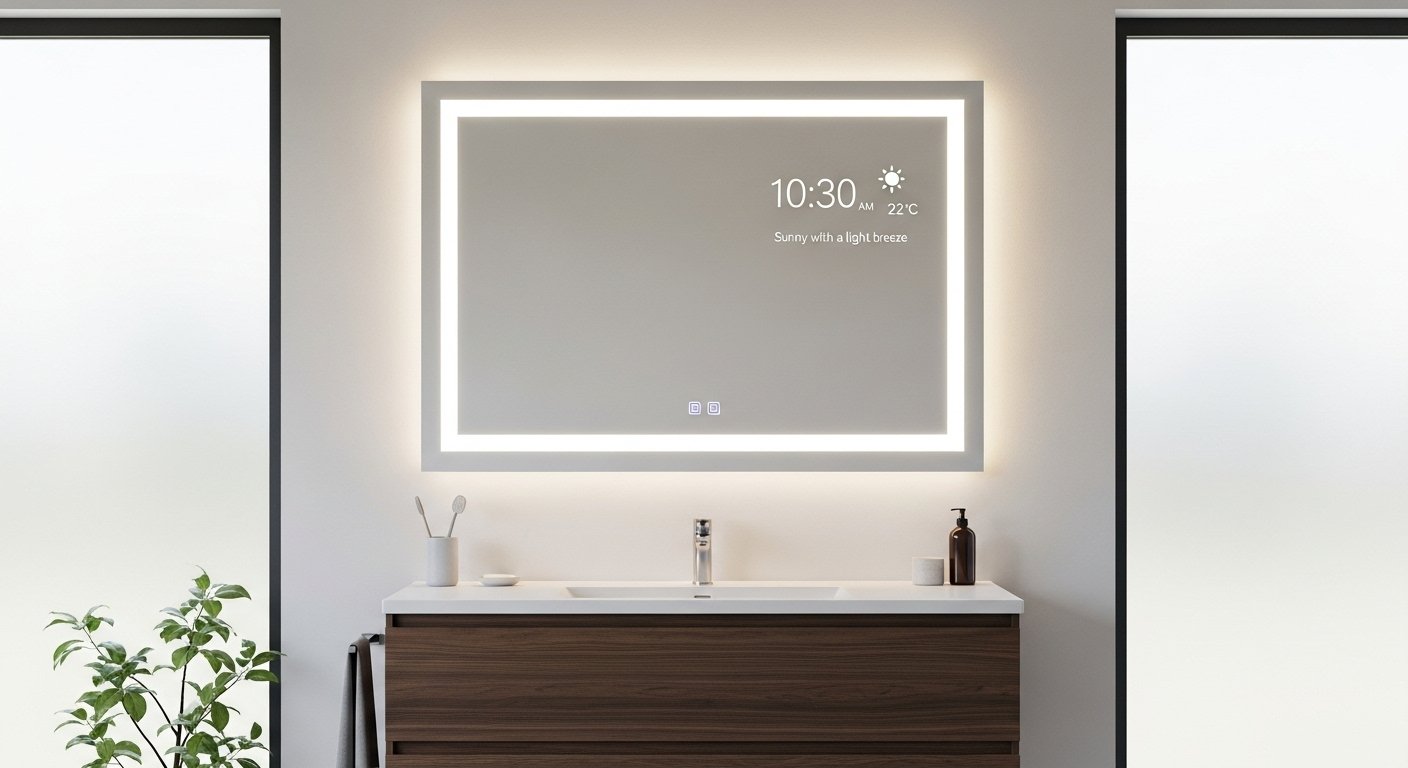 A stylish smart mirror displaying time and weather, with integrated LED lighting, reflecting a modern smart bathroom upgrades aesthetic.