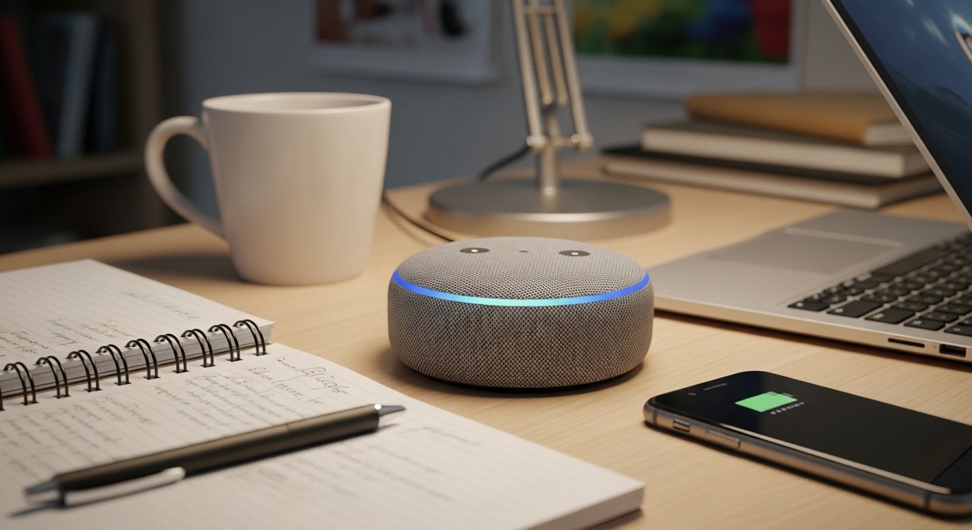 Close-up of an Amazon Echo Dot or Google Nest Mini on a student's desk, demonstrating a budget smart home setup. Soft lighting, modern aesthetic.