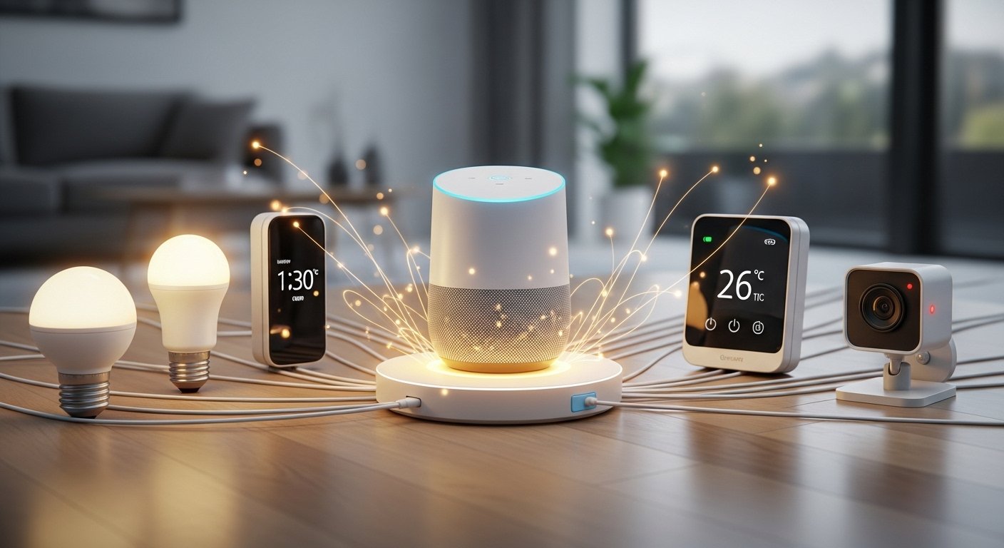 Conceptual illustration of different smart home devices (lights, thermostat, security camera) connected to a central Alexa Google Apple Smart Home Hub, symbolizing connectivity and control.