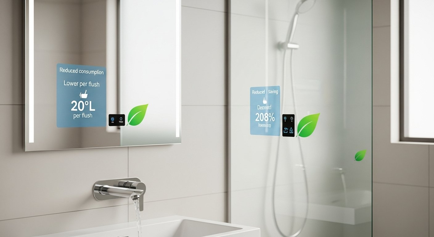 Conceptual image showing water and energy saving benefits of smart bathroom upgrades, with digital displays showing reduced consumption and a green leaf motif.