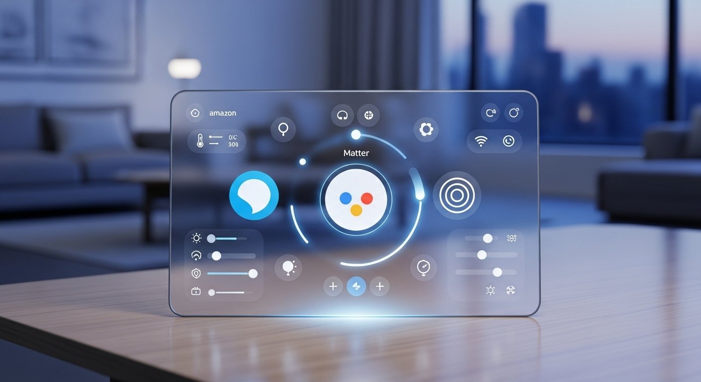 Futuristic, simplified smart home interface showing Alexa, Google Assistant, and Siri icons integrated, representing a unified Alexa Google Apple Smart Home Hub experience facilitated by Matter.