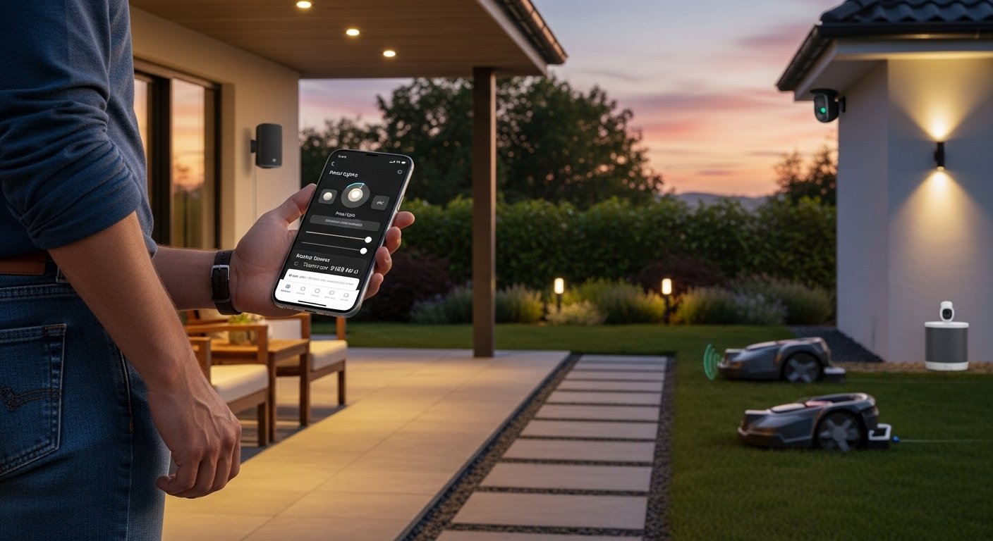 Photorealistic image demonstrating a person using a smartphone app to control various smart outdoor devices, such as dimming smart outdoor lighting and scheduling a robot lawn mower, in a cohesive outdoor smart home system. Emphasize seamless control.